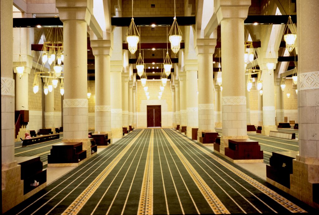 Interior view of King Abdulaziz Mosque in Al-Kharj.