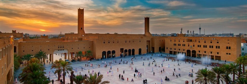 Panoramic view of Imam Turki bin Abdullah Grand Mosque with its two minarets.