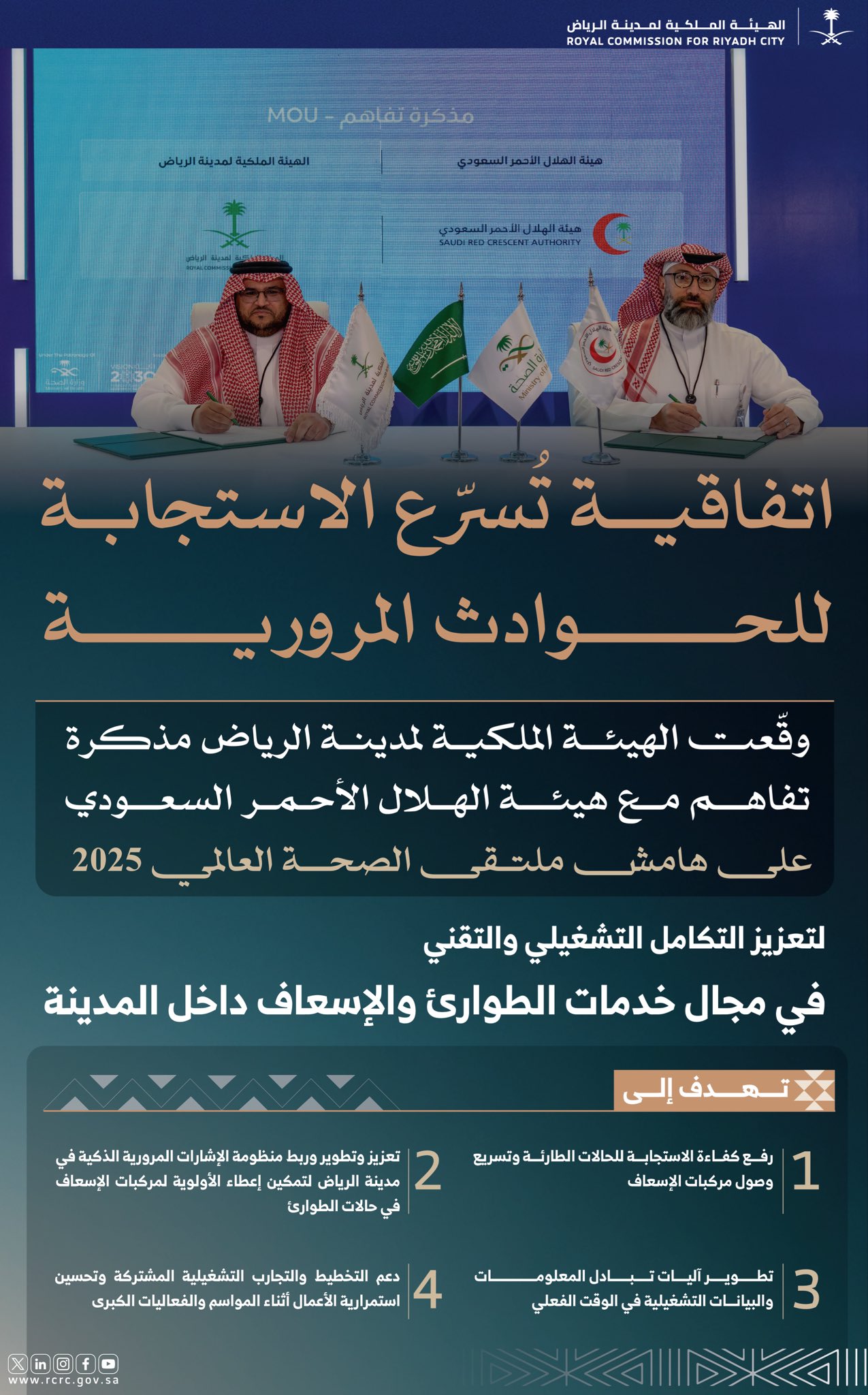 إنفوجرافك: الهيئة الملكية لمدينة الرياض والهلال الأحمر السعودي يوقعان مذكرة تفاهم لتعزيز الاستجابة للحوادث المرورية