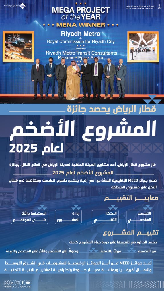 "قطار الرياض" يحصد جائزة "المشروع الأضخم لعام 2025" على مستوى الشرق الأوسط وشمال أفريقيا من "MEED"
